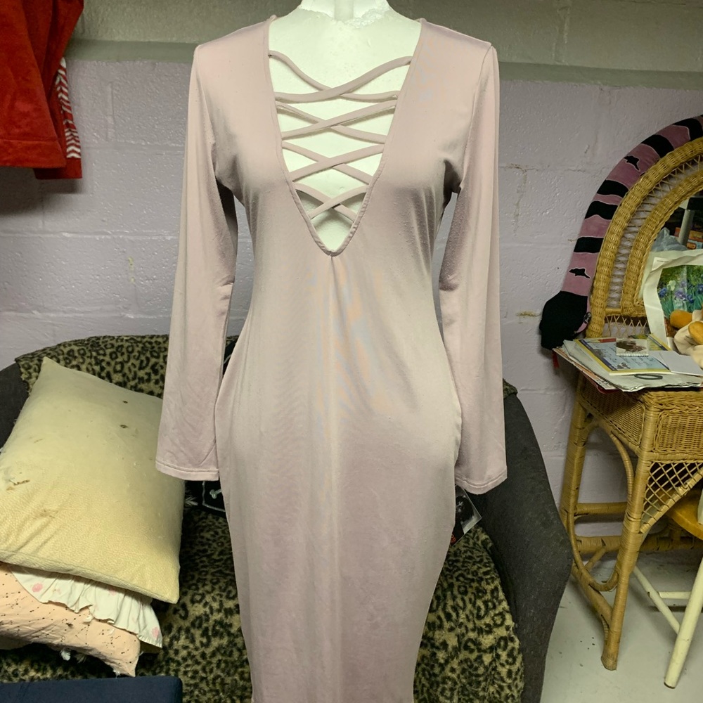 maeve bodycon dress, purple creamy colored, knee high but skintight, size XL
